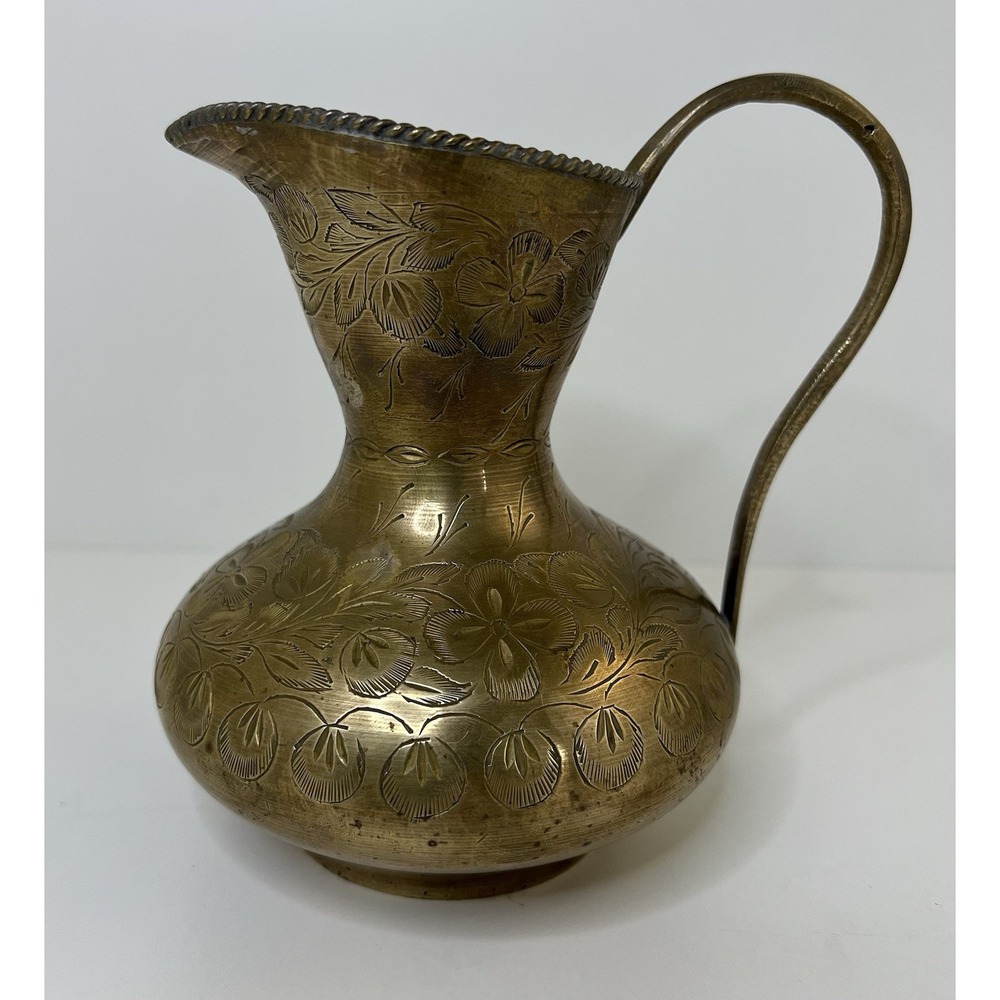 VTG  India Decorative Small Brass Pitcher 5.75" Tall Etched Floral Design Home